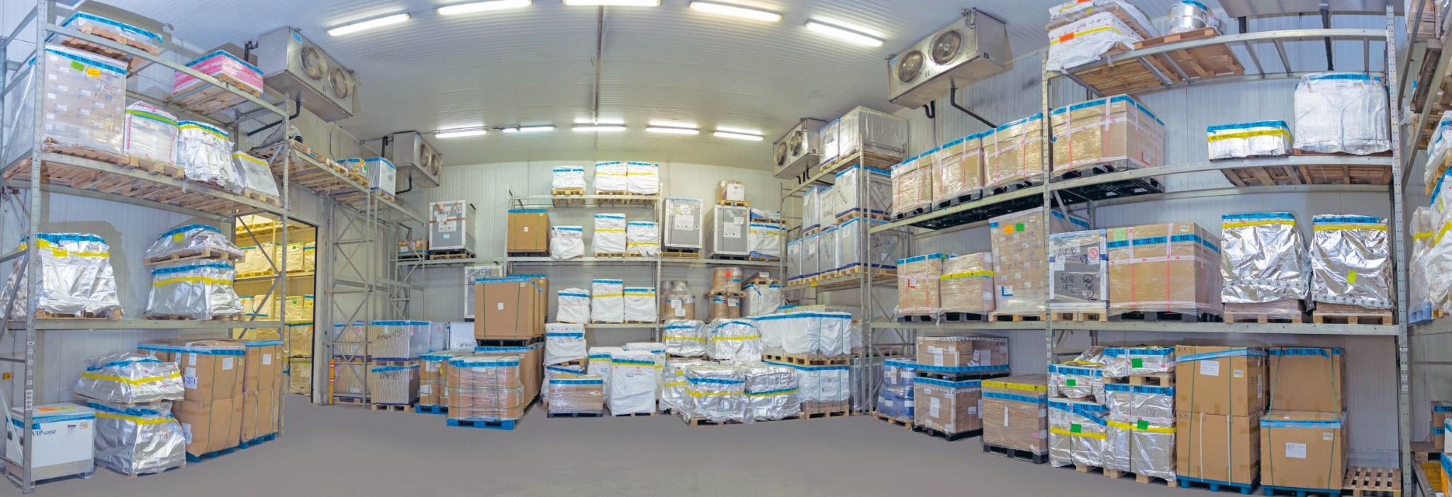 Large cold storage room with pharmaceutical pallets